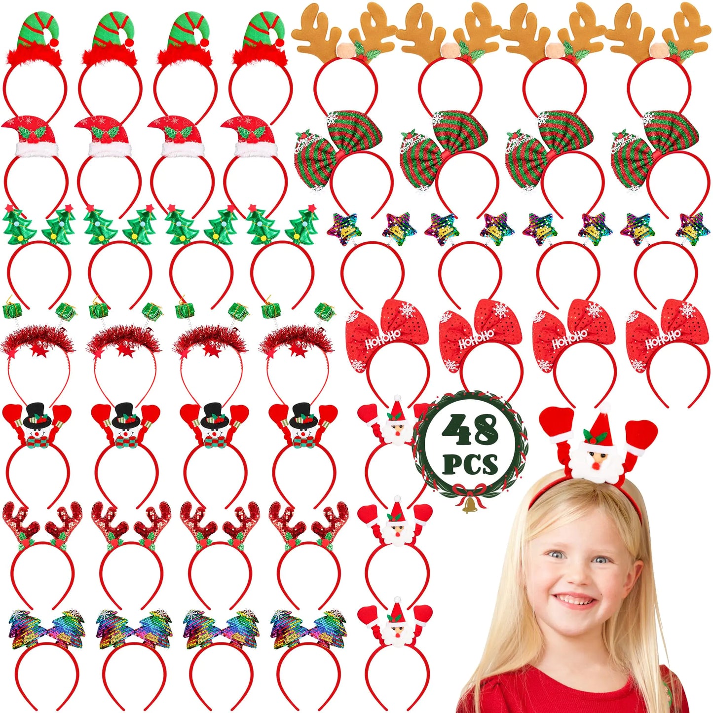 48 Pcs Christmas Headbands Cute Christmas Headwear Christmas Head Boppers Santa Christmas Tree Snowman Colorful Stars Reindeer Antler in 12 Styles for Christmas Party Favors Christmas Holiday
