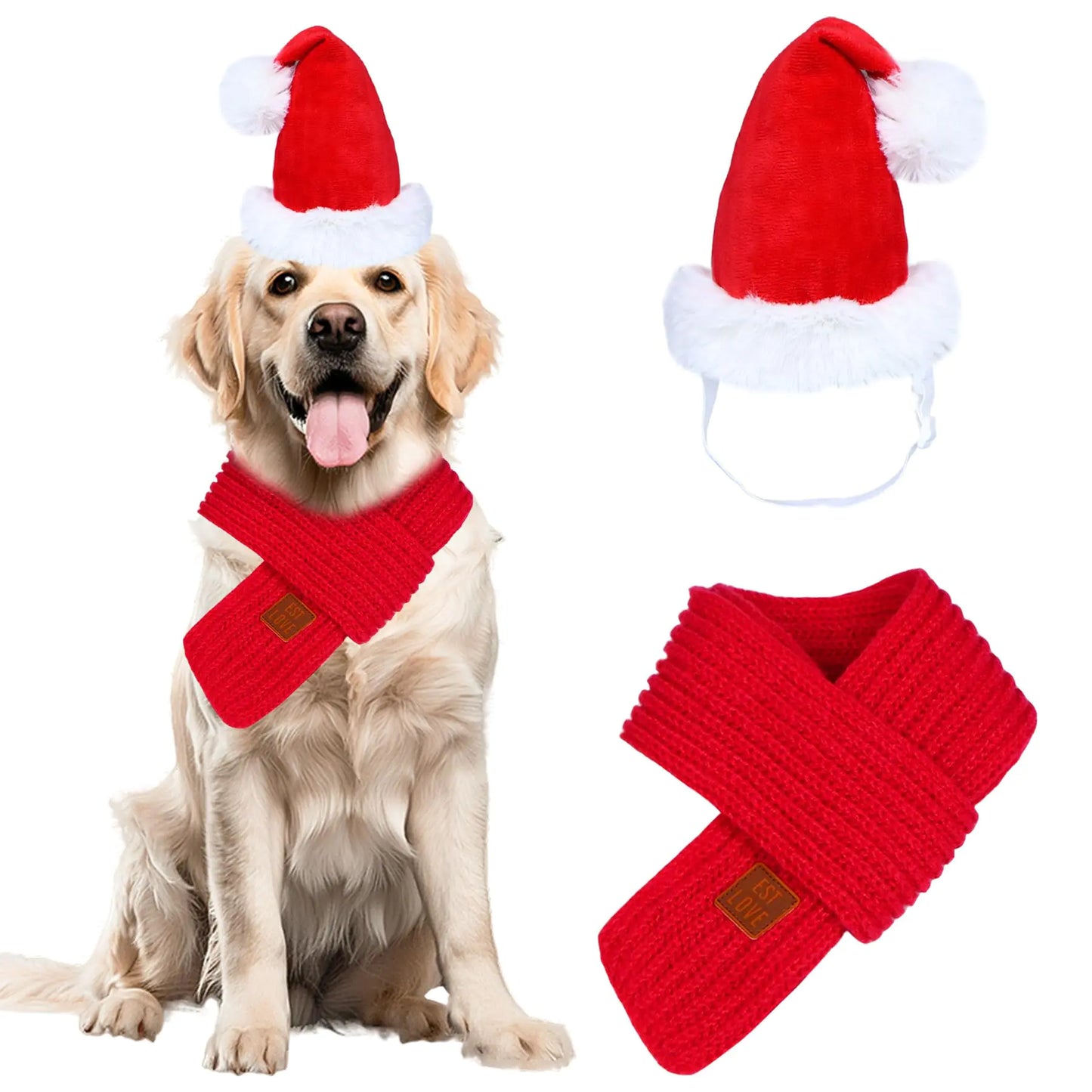 GOYOSWA Christmas Dog Santa Hat and Scarf Dog Christmas Outfit Adjustable Dog Christmas Hat Knitted Dog Christmas Scarf Holiday Dog Outfit for Small Medium Large Dogs Pets (Large)