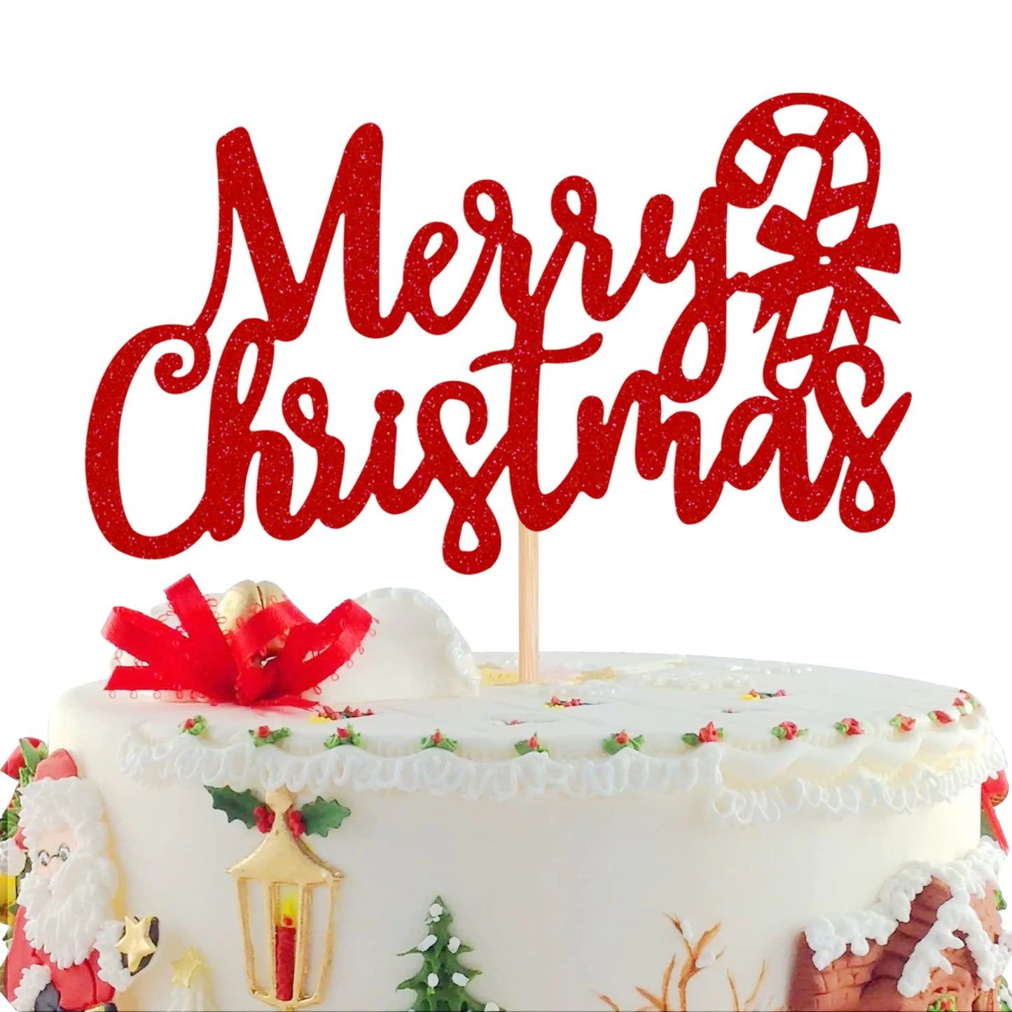 1 PCS Merry Christmas Cake Topper with Christmas Cane Glitter Christmas Cake Picks Xmas New Year Holiday Christmas Party Cake Decorations Supplies Red