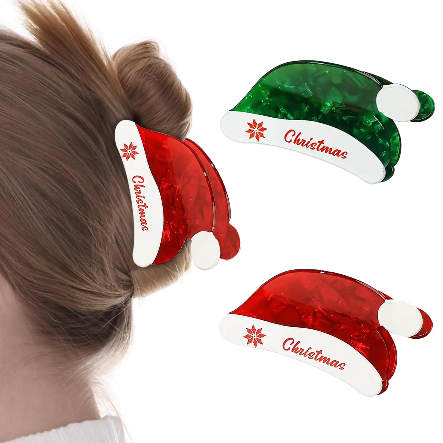 2 Pack Christmas Hair Clips Christmas Hat Clip for Hair Christmas Themed Hair Claw for Women Holiday Claw Clips Christmas Hair Accessories for Thin Medium Hair Christmas Claw Clips (Green Red)