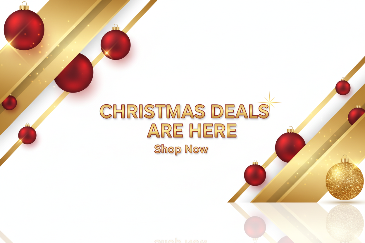 A bright and modern Christmas promotional banner with a clean white background, metallic gold accents, red ornaments, Christmas baubles, glitter effects, and dynamic diagonal shapes. Add subtle shadows and reflections for a premium feel. Include bold festive text reading “Christmas Deals Are Here” and “Shop Now”. Perfect for a minimalist, high-end e-commerce layout.