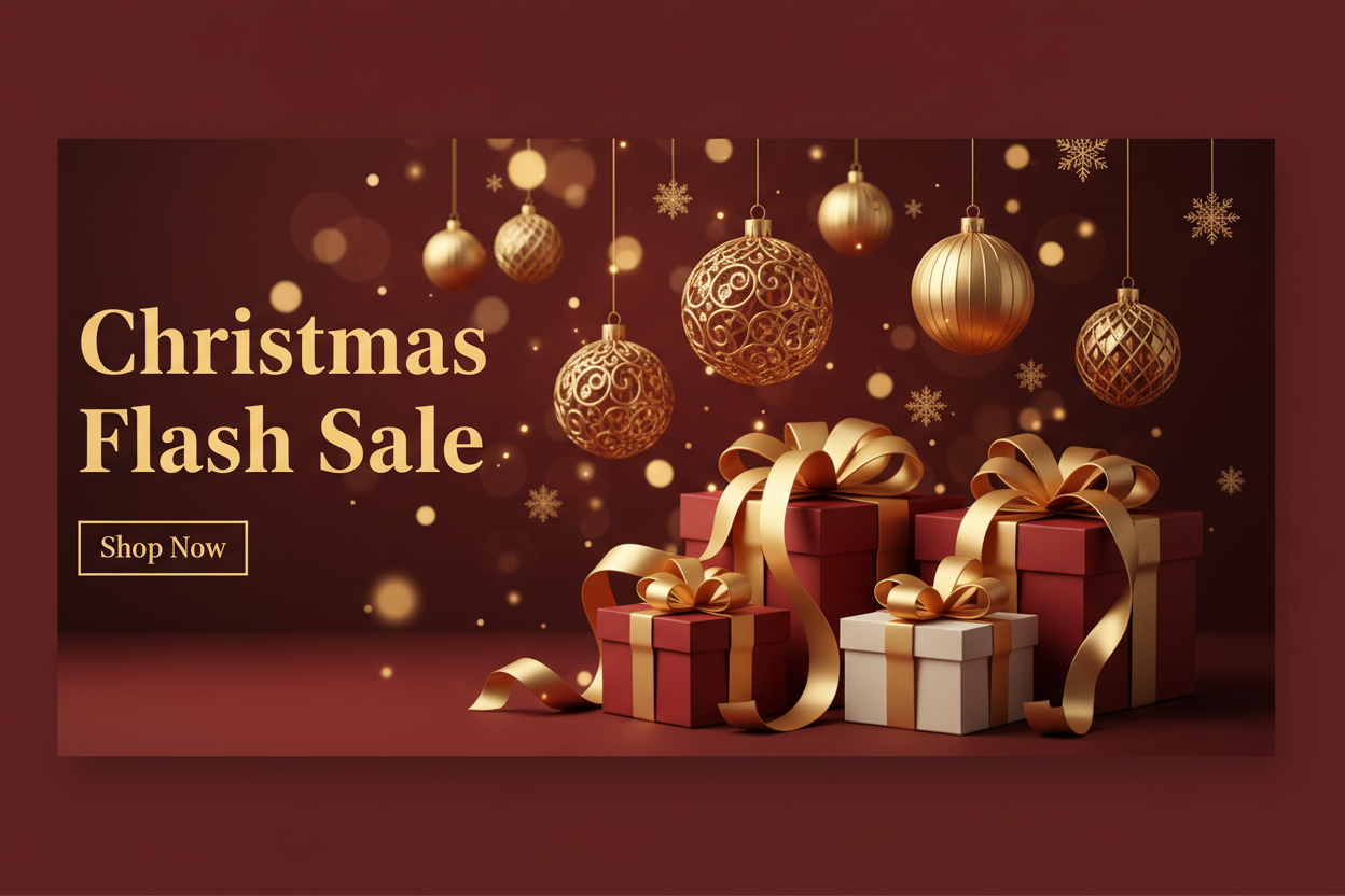 A luxurious Christmas-themed website banner featuring rich red and gold tones, sparkling bokeh lights, elegant golden ornaments, snowflakes softly falling, and glowing highlights. Include beautifully wrapped gift boxes with gold ribbons, warm ambient lighting, and a festive modern background. Add bold, elegant text that says “Christmas Flash Sale” and “Shop Now” in premium gold typography. The style should be high-end, clean, minimalistic, and perfect for an e-commerce hero banner.