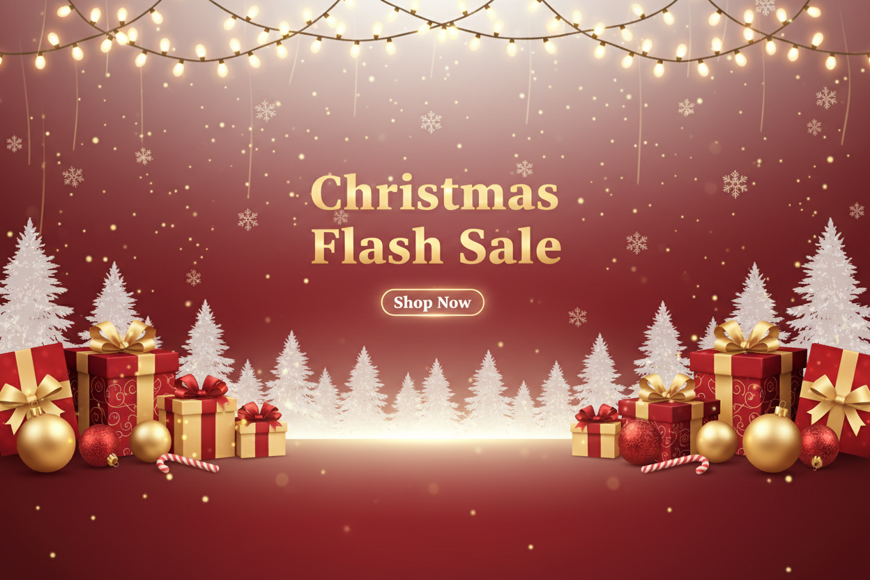Create a high-quality animated banner for an online Christmas store. Include smooth looping animation with falling snowflakes, glowing lights, and soft shimmering gold sparkles. Show Christmas elements like gift boxes, ornaments, ribbons, candy canes, snow-covered trees, and a festive background in red, gold, and white. Center a modern, bold headline saying “Christmas Flash Sale” and a secondary animated button saying “Shop Now”. Use elegant gold accents (#D4AF37) for highlights. Motion should be soft, fest