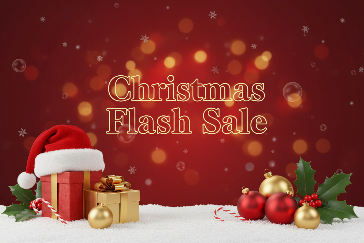 Create a modern Christmas-themed promotional animated banner in 1920×1080 resolution.
Use a festive red or warm holiday background with subtle snowflakes, lights, and soft gradients.
Include Christmas elements like gift boxes, ornaments, holly leaves, snow, candy canes, or Santa hat.
Add bold, elegant text saying: ‘Christmas Flash Sale’ .
Design should look clean, premium, and eye-catching for an e-commerce homepage.
Avoid mentioning any discount numbers or perce